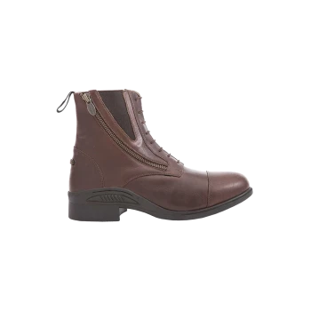 Braune Lederreitstiefel mit einem seitlichen Reißverschluss und Schnürung vorne, mit einem niedrigen Absatz und strukturiertem Boden.