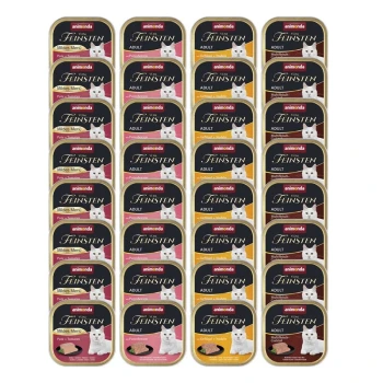 vom Feinsten Adult Mixpaket 32x100g Fleischauswahl Ein Gitter von Katzenfutterdosen mit der Aufschrift "animonda von Feinsten" für erwachsene Katzen, mit verschiedenen Geschmacksrichtungen wie Truthahn und Huhn.