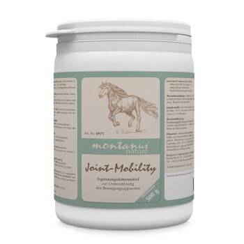 Behälter mit "Montanus Nature Joint Mobility" Ergänzungsmittel für Pferde, 500g, mit einer laufenden Pferdeillustration und deutschen Anwendungsdetails.