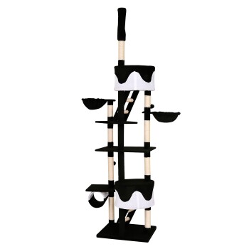 Schwarz-weißer mehrstöckiger Katzenbaum mit Kratzpfosten, Hängematten und Plattformen zum Klettern und Ausruhen.