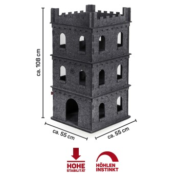 Katzenbaum mit vier Ebenen, etwa 108 cm hoch und 55 cm breit, mit mehreren Öffnungen und einem Schlossdesign.