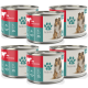 Sechs Dosen Fellicita-Hundefutter mit einem roten und türkisfarbenen Design, beschriftet mit "Rind und Gemüse" und einem Bild eines Collies.