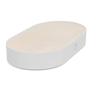 Ein elegantes, modernes Haustierbett mit einem weißen Grund und einer strukturierten beigen Schlafoberfläche, entworfen für Komfort und Stil.