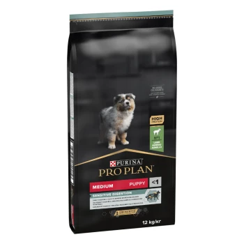 Torba karmy Purina Pro Plan Medium Puppy dla wrażliwej trawienia, z obrazkiem psa, etykietą "Wysokobiałkowa" i wagą 12 kg.