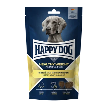 Eine Tüte Happy Dog Healthy Weight funktioneller Snacks für Hunde, mit einem Weimaraner auf der Vorderseite, mit Text, der fettarm und L-Carnitin hervorhebt.