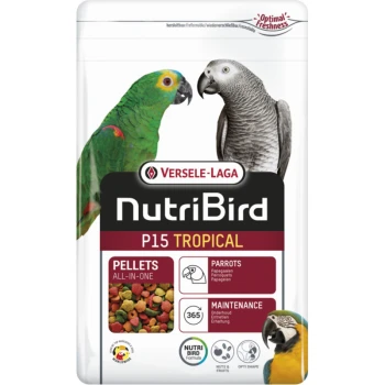 NutriBird P15 Tropenvogelpellets für Papageien, mit bunten Pellets und Bildern eines grünen Papageis und eines grauen Papageis.