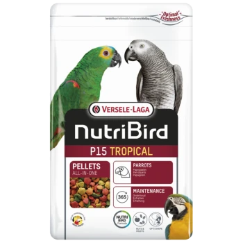Granulés pour oiseaux tropicaux NutriBird P15 pour perroquets, présentant des granulés colorés et des images d'un perroquet vert et d'un perroquet gris.