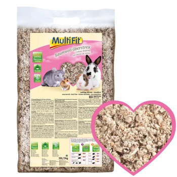 MultiFit cotton bedding for small pets, featuring a bag with images of a rabbit, guinea pig, and chinchilla, labeled "100% NATUR" and "cozy warmth."