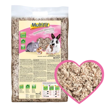 MultiFit Baumwollbettwäsche für kleine Haustiere, mit einer Tasche, die Bilder eines Kaninchens, Meerschweinchens und eines Chinchillas zeigt, beschriftet mit "100% NATUR" und "gemütliche Wärme."