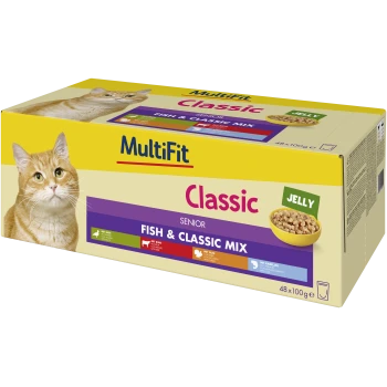 MultiFit Classic Senior Fish & Classic Mix Katzenfutter in Gelee, 48 x 100g, mit Enten-, Rind-, Puten- und Kabeljaugeschmack.