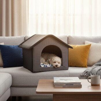 Kleiner cremefarbener Hund schläft in einem grauen Stoff-Hundehäuschen auf einem hellen Sofa mit blauen und senffarbenen Kissen, Kaffeetisch davor.
