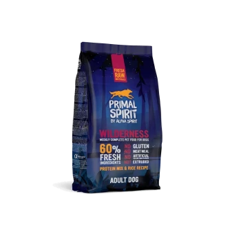 Primal Spirit Wilderness Hundefutterbeutel für erwachsene Hunde, 60% frische Zutaten, frische Rohstoffe, glutenfrei, Proteinmix und Reisrezept
