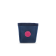 Navyblaue Haustierfutterlagerungstasche mit einem pinken runden Logo auf der Vorderseite, mit einem einfachen, modernen Design.