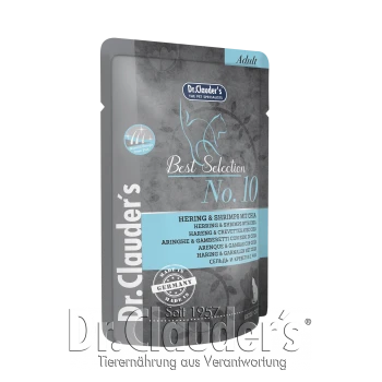 Dr. Clauder's Best Selection No. 10 Haustierfutterpackung mit Hering und Garnelen mit Chia, gekennzeichnet für erwachsene Katzen, hergestellt in Deutschland.