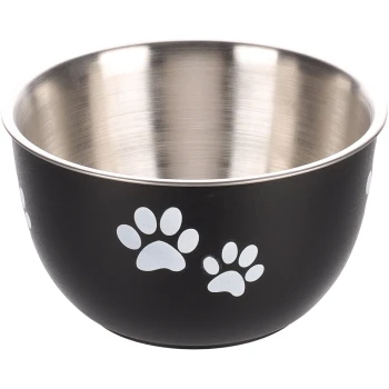 Schwarze Haustierfutterschüssel mit Edelstahl-Innenraum und weißen Pfotenabdruck-Designs auf der Außenseite.