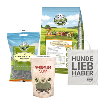 Eine Bellfor-Hundefutterkollektion mit "Landgut-Happi" Leckereien, "Landgut-Schmaus" Trockenfutter, "Shiimun Slim" Ergänzung und einer Tragetasche.