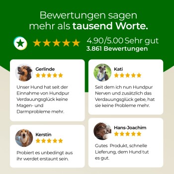 Hundefütterungstabelle, die die Portionsgrößen nach Gewicht zeigt: bis zu 15 kg, 15-45 kg und über 45 kg, mit Anweisungen zur Futterzubereitung.