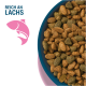 Blaue Schüssel mit braunem und grünem Tierfutter vor rosa Hintergrund mit rosafarbenem Fischsymbol und dem Text „REICH AN LACHS“.