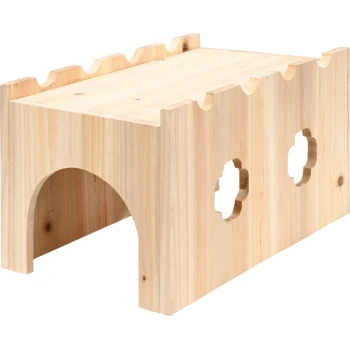 Mobilier pour animaux en bois avec un design de château, comportant une arche et des découpes décoratives sur les côtés.