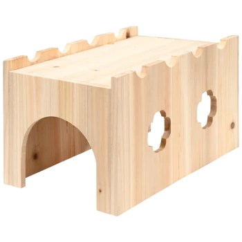 Mobilier pour animaux en bois avec un design de château, comportant une arche et des découpes décoratives sur les côtés.