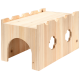 Wooden pet furniture with a castle design, featuring an archway and decorative cutouts on the sides.