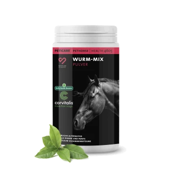Behälter mit WURM-MIX-Pulver für Pferde, mit dem Kopf eines schwarzen Pferdes, mit dem Hinweis auf "Belly Health Booster" und "corvitalis."