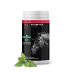 Behälter mit WURM-MIX-Pulver für Pferde, mit dem Kopf eines schwarzen Pferdes, mit dem Hinweis auf "Belly Health Booster" und "corvitalis."