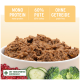 Nassfutter für Haustiere in einer weißen Schüssel, beschriftet mit "60% Pute," "Mono Protein," und "Ohne Getreide," mit Gemüse.