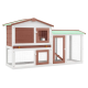 Holz-Haustierhaus mit mehreren Ebenen und einem braun-weißen Design, mit Netz-Türen und einem grünen Dach, ideal für kleine Tiere.