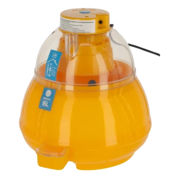 Gelbe Haustier-Wasserfontäne mit transparentem Deckel, beschriftet mit einem 16L-Kapazitätsaufkleber und verschiedenen Symbolen, die Funktionen anzeigen.