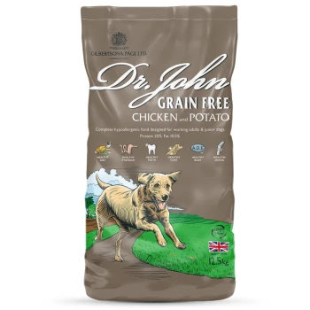 12,5 kg Beutel Dr. John Getreidefreies Hundefutter mit Huhn und Kartoffeln, mit einem laufenden Hund und Angaben zu 25% Protein und hypoallergen.