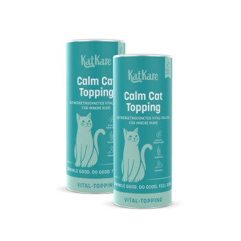 Zwei türkisfarbene KatKare 'Calm Cat Topping'-Dosen mit Katzenillustration und 'Vital-Topping'-Aufschrift.