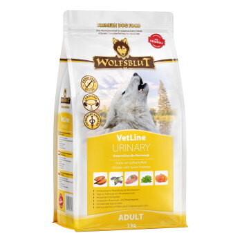 Premium-Hundefutterbeutel mit der Aufschrift "WOLFSBLUT VetLine URINARY", mit einem heulenden Wolf, mit Details zu Huhn und Süßkartoffeln, 2 kg.