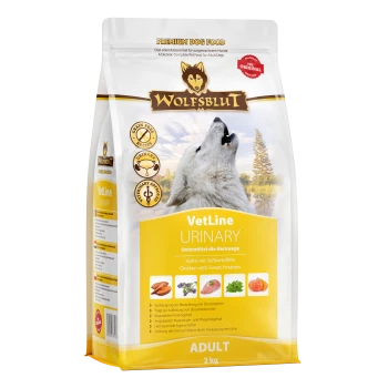 Premium-Hundefutterbeutel mit der Aufschrift "WOLFSBLUT VetLine URINARY", mit einem heulenden Wolf, mit Details zu Huhn und Süßkartoffeln, 2 kg.