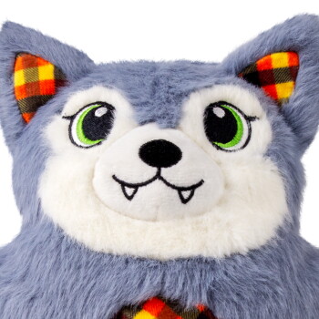 Gray plush wolf toy with green embroidered eyes, white muzzle, black nose, tiny fangs and orange plaid ear lining.