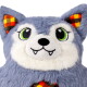 Gray plush wolf toy with green embroidered eyes, white muzzle, black nose, tiny fangs and orange plaid ear lining.