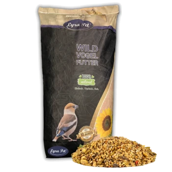Eine Tüte Lyra Pet Wild Vogel Futter, beschriftet mit "100% natürlich", mit einer bunten Illustration eines Vogels und einer Sonnenblume.