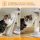 Getigerte Katze nutzt grauen Sisal-Kratzbaum und Rampe; Text: „Vielfältige Orte Zum Kratzen“, „Kletterrampe“, „Kratzbaum-Pfosten“.