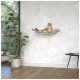 Un chat tigré détendu se prélasse sur un lit pour chat mural élégant, entouré d'une plante en pot et de meubles modernes dans une pièce lumineuse.