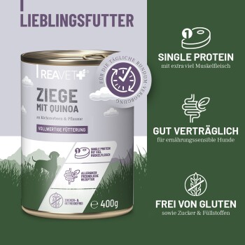 Dosenfutter für Hunde mit der Aufschrift "Ziege mit Hirse," das aus einer einzigen Proteinquelle besteht, glutenfrei ist und für empfindliche Hunde geeignet ist.