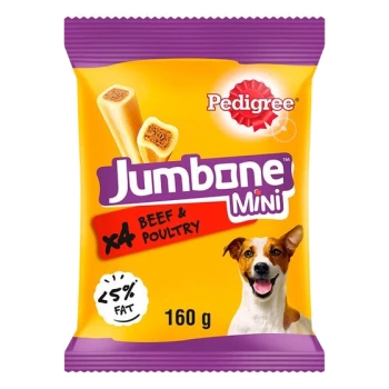 Pedigree Jumbone Mini dog treats packaging, featuring a bright orange background, displaying "x4 Beef & Poultry" and "<5% Fat" labels, 160 g.