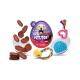 Joy & Toy 2in1 Snack+Spielzeug-Ei mit Hundegesicht, Rindfleisch-Leckerlis und Spielzeugen: Seil mit Ball, blauer Noppenball, rosa Kauring