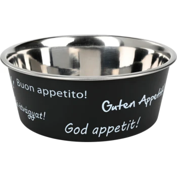 Edelstahlnapf Enjoy 350 ml Schwarze Hundefutter-Schüssel mit Edelstahl-Innenraum, mit den Phrasen "Buon appetito!", "Guten Appetit!" und "God appetit!" in weißem Text.
