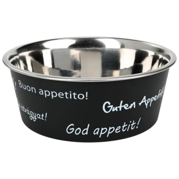 Bol pour animaux de compagnie noir avec un intérieur en acier inoxydable, présentant les phrases 'Buon appetito!', 'Guten Appetit!' et 'God appetit!' en texte blanc.