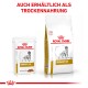 Royal Canin Urinary S/O Haustierfutterverpackung, die einen Nassfutterbeutel und einen Trockenfutterbeutel zeigt, mit dem Text "AUCH ERHÄLTLICH ALS TROCKENNAHRUNG" in Rot.