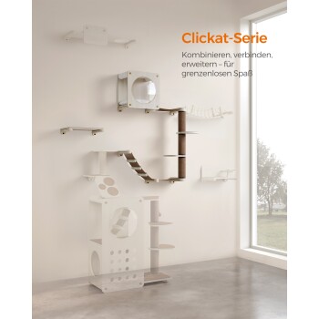 Wandmontierte Clickat Katzenklettermöbel mit Regalen, einem Würfel-Fenster und einer Rampe, die endlosen Spaß durch Kombination und Erweiterung fördert.
