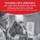 Photo en noir et blanc d'un Border Collie avec une personne ; banderole rouge indiquant en français : « Consultez votre vétérinaire »