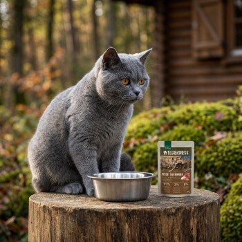 Gray British Shorthair cat on a stump with metal bowl and pet food pouch labeled "Wilderness Wide Savannah" – AI-generated