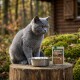 Gray British Shorthair cat on a stump with metal bowl and pet food pouch labeled "Wilderness Wide Savannah"