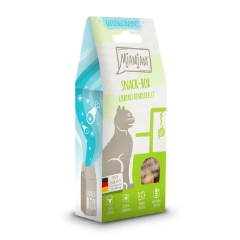 Snack-Box leckeres Rinderfilet, 35 g Eine bunte Haustier-Snackbox mit der Aufschrift "Mjamjam! Snack-Box Leckeres Rinderfilet," mit einer Silhouette einer Katze und einem Fenster, das die Leckerlis im Inneren zeigt.